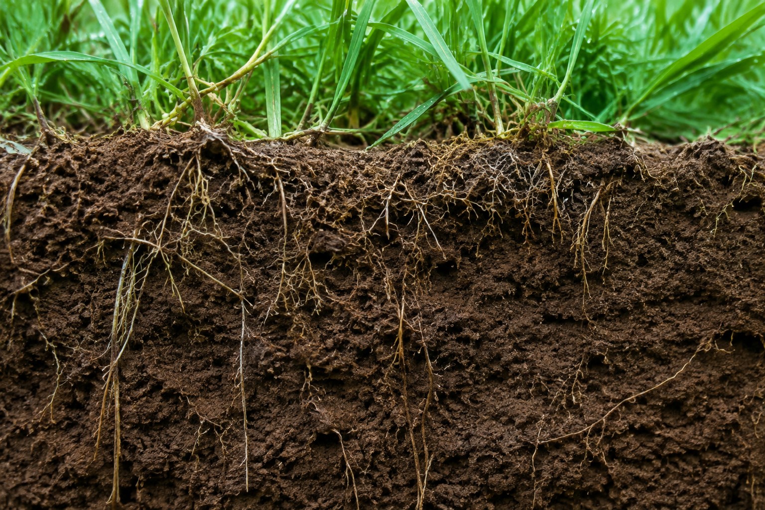 Grass roots extending into dark soil.