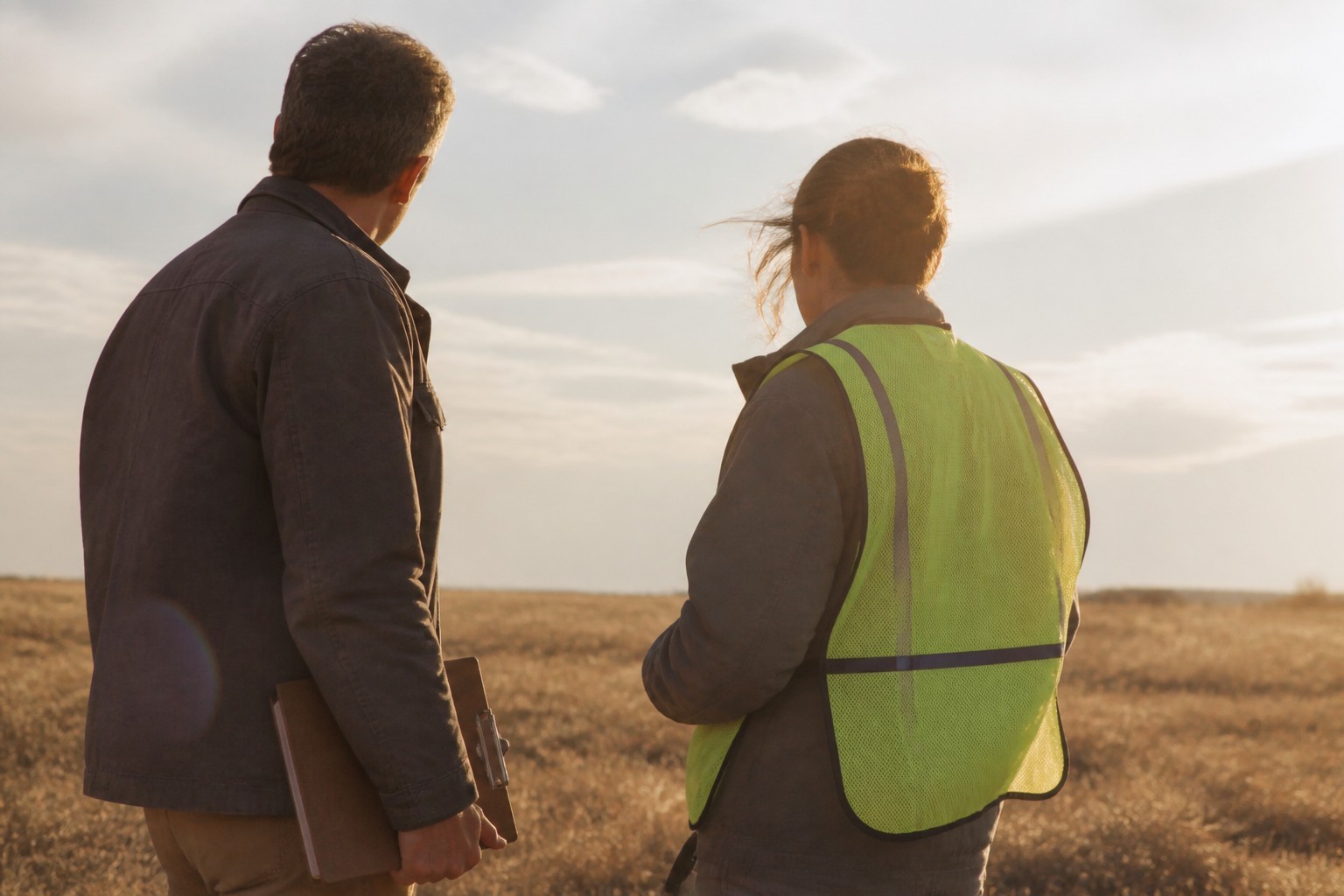 Two industrial planners looking across open land in morning light.