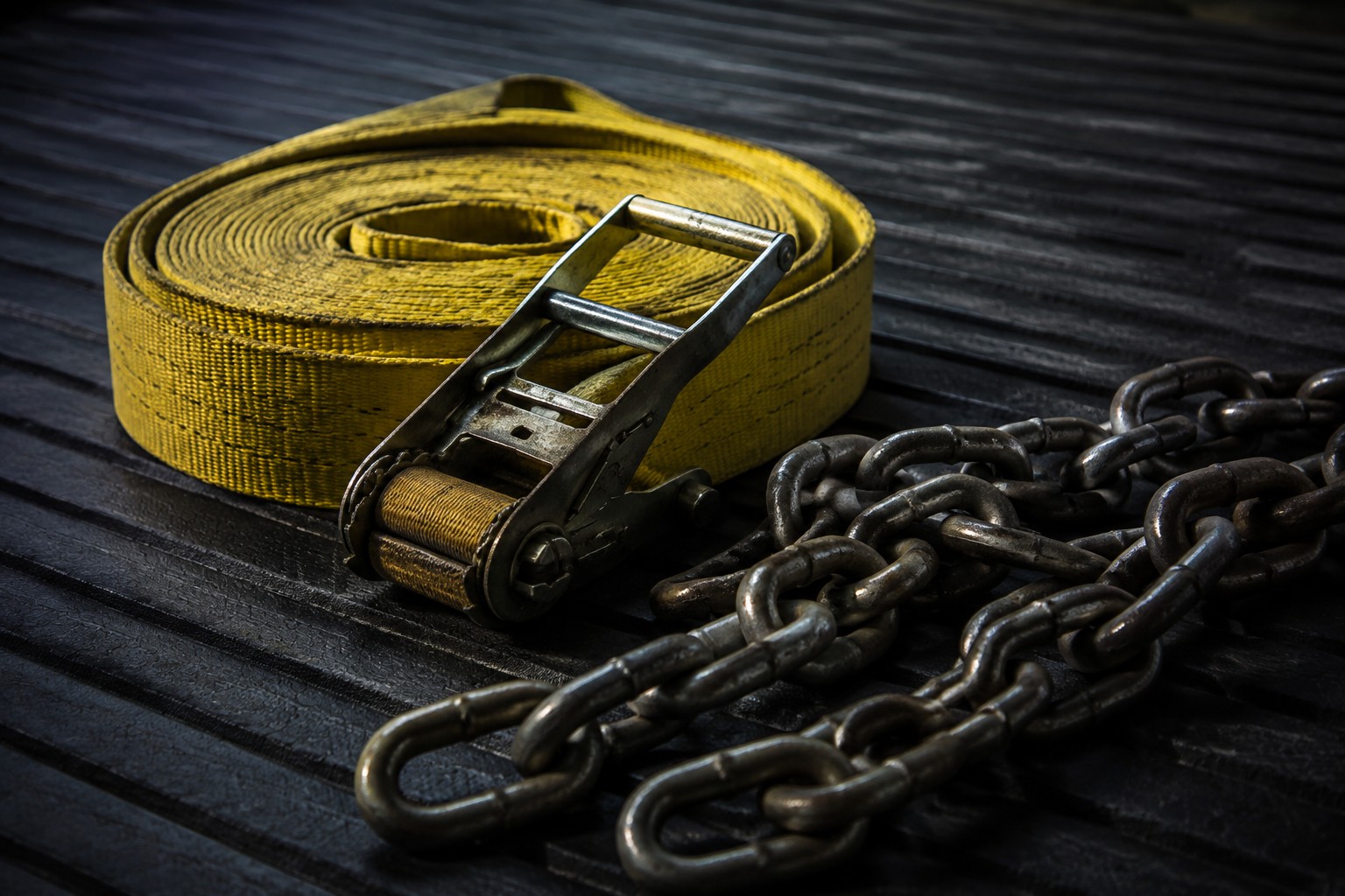 A freight tie-down strap and chain on a dark industrial surface.